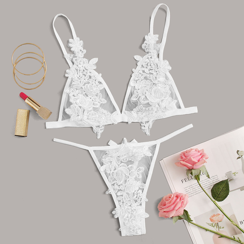 

Guipure Lace Mesh Lingerie Set, White