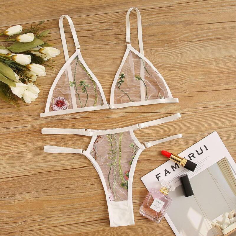 

Embroidered Mesh Cut-out Sheer Lingerie Set, White