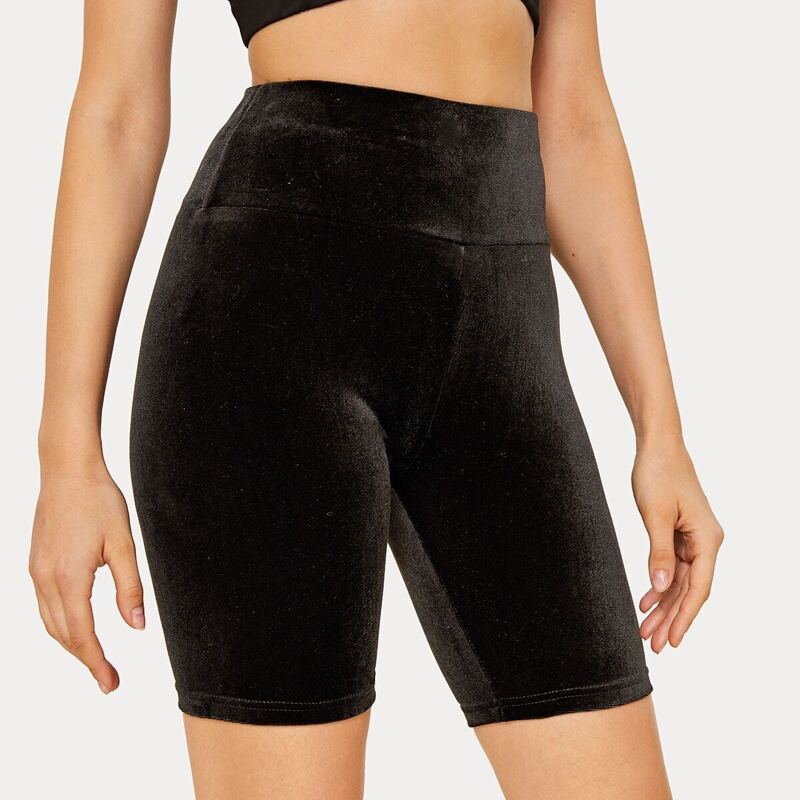 

Wide Band Waist Velvet Cycling Shorts, Black
