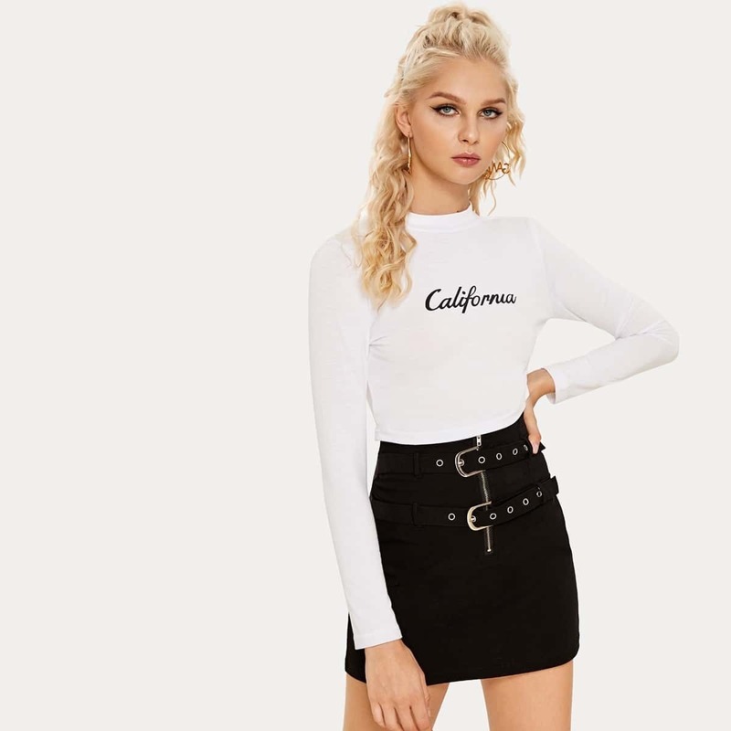 

Mock Neck Letter Print Tee, White