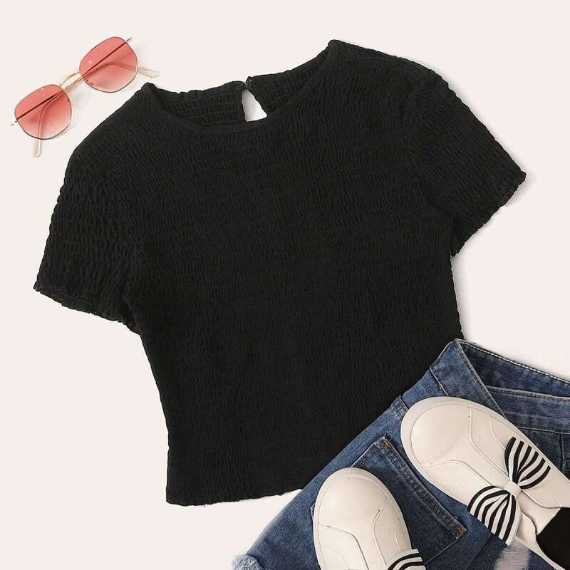 

Keyhole Back Shirred Crop Top, Black