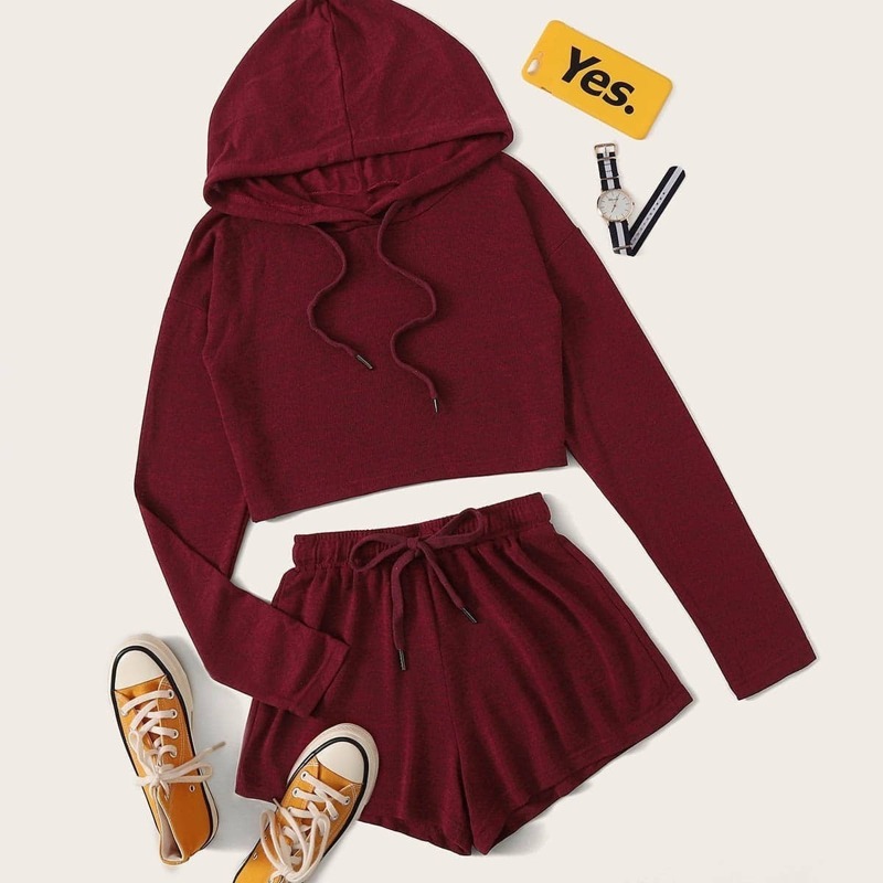 

Drawstring Crop Hooded Tee & Track Shorts, Burgundy