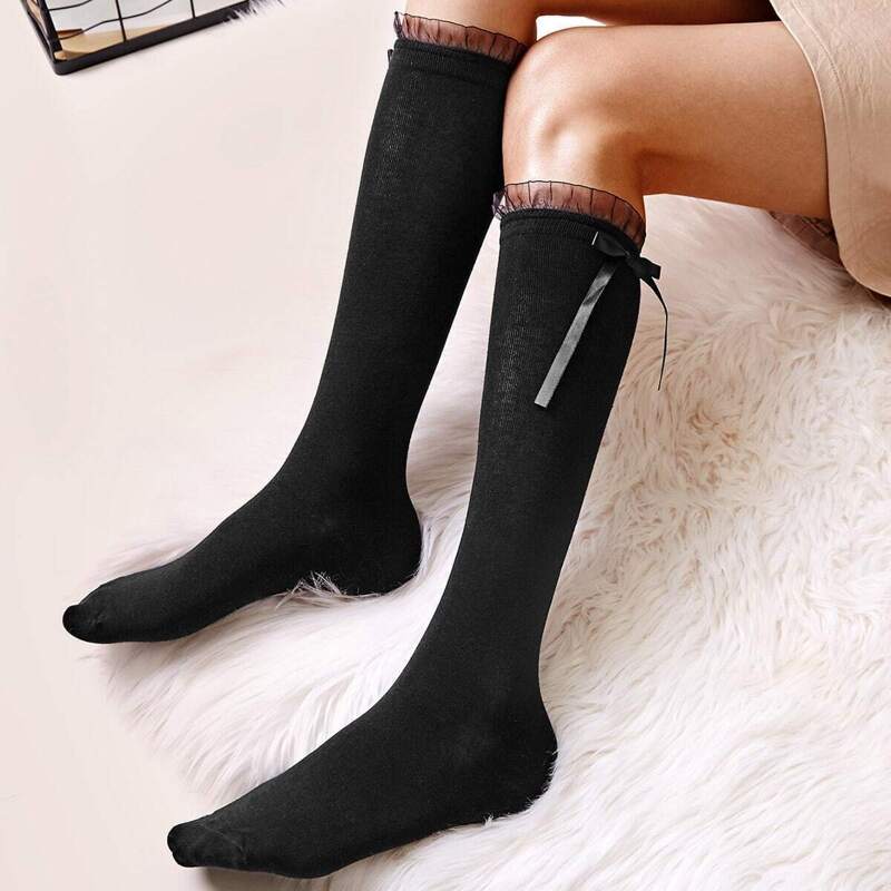 

Bow Knot Decor Mesh Trim Socks 1pair, Black