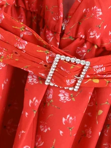 小碎花花卉圖案腰帶襯衫 - 紅色 - 查看 4