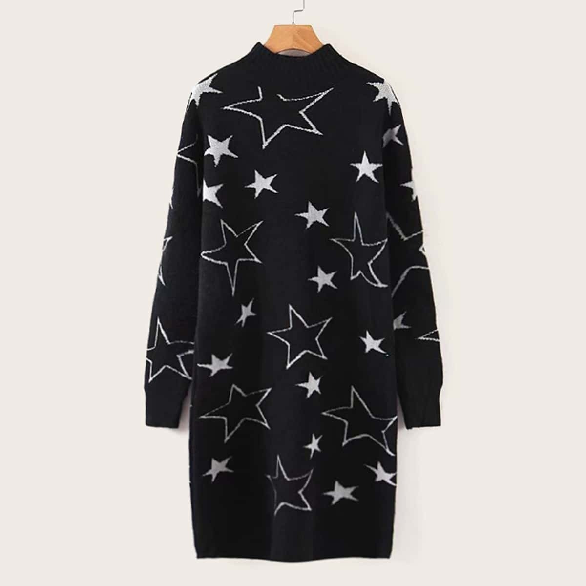 

Star Print Stand Collar Sweater Dress, Black
