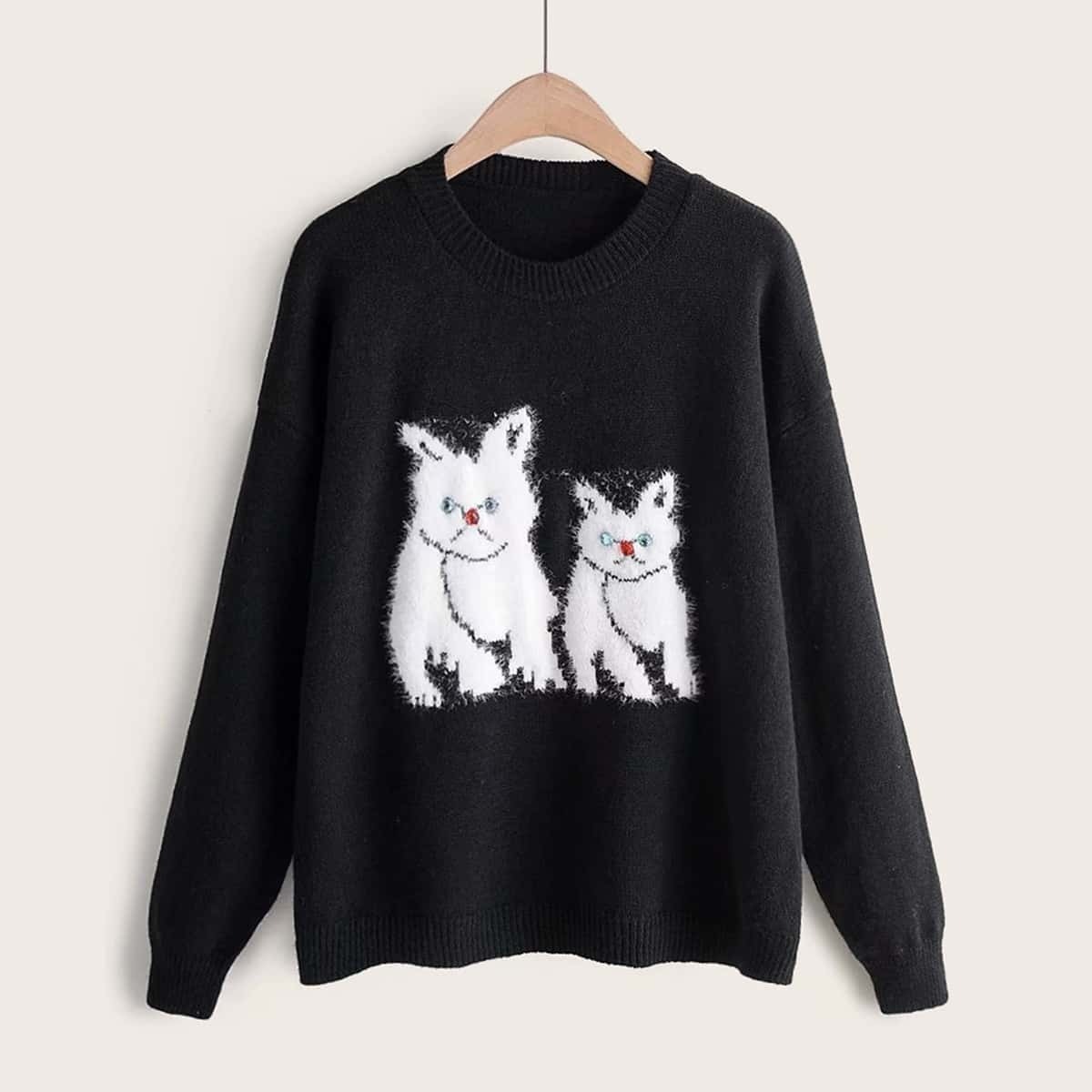 

Cat Pattern Drop Shoulder Sweater, Black
