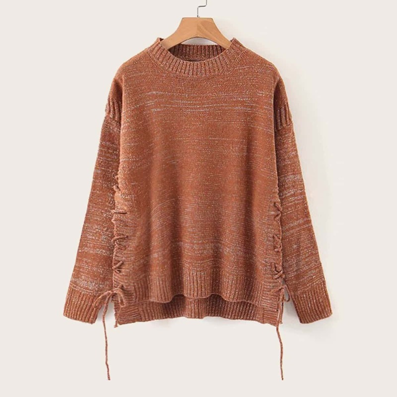 Lace Up Space Dye High Low Hem Sweater, Brown