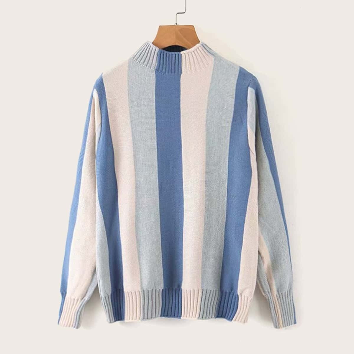 

Color-block Striped Stand Collar Sweater, Multicolor