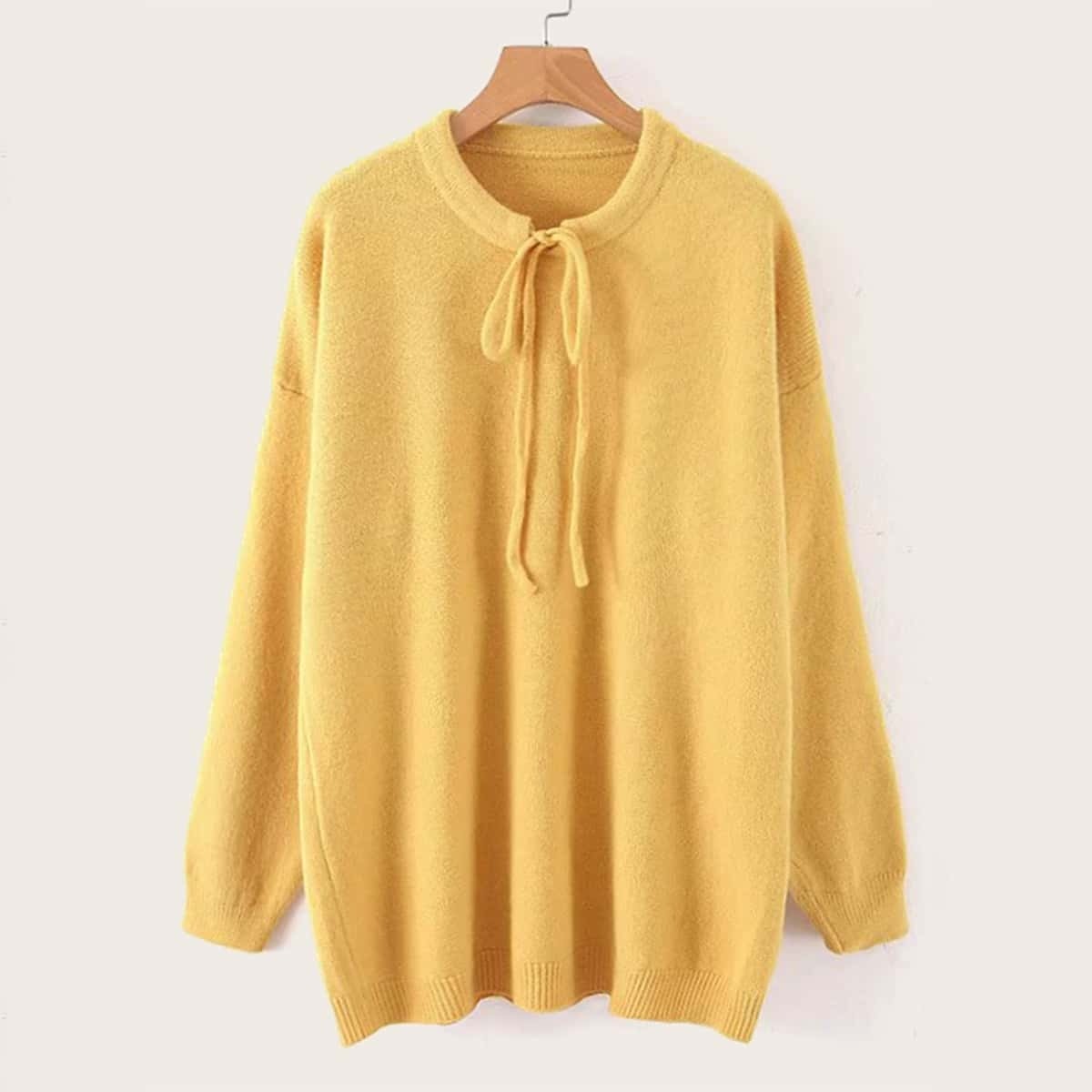 

Drawstring Neck Solid Drop Shoulder Sweater, Yellow