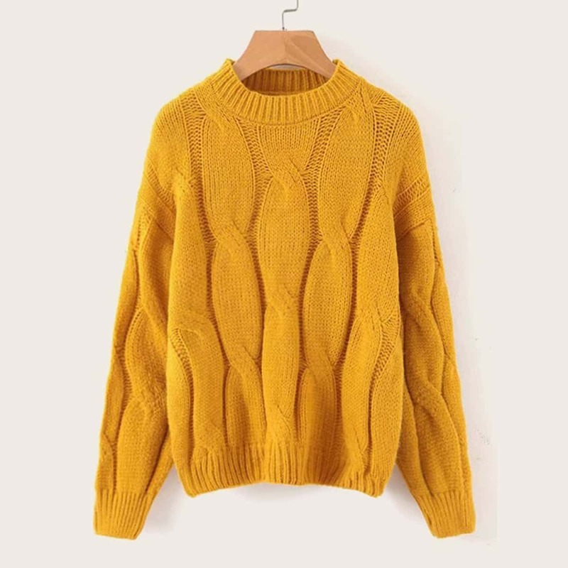

Solid Drop Shoulder Cable Knit Sweater, Yellow