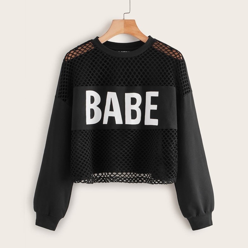 

Letter Graphic Fishnet Mesh Panel Pullover, Black