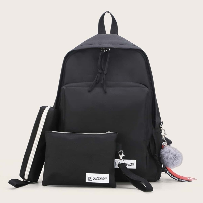 

Pom Pom Decor Backpack With Pencil Case 3pcs, Black