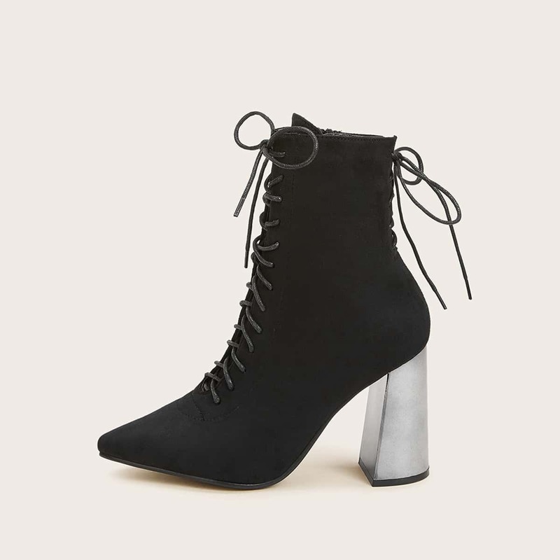 

Point Toe Lace-up Front Chunky Heeled Boots, Black