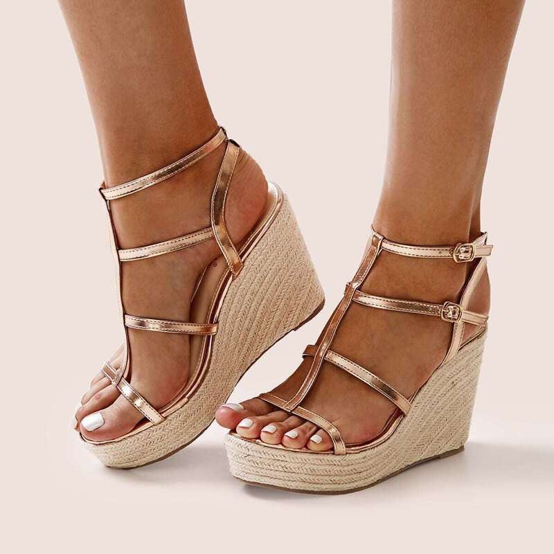 

Metallic Ankle Strap Espadrille Wedges, Gold