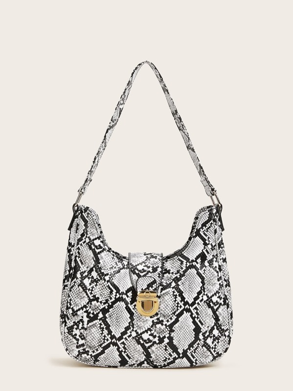 Push Lock Snakeskin Print Hobo Bag