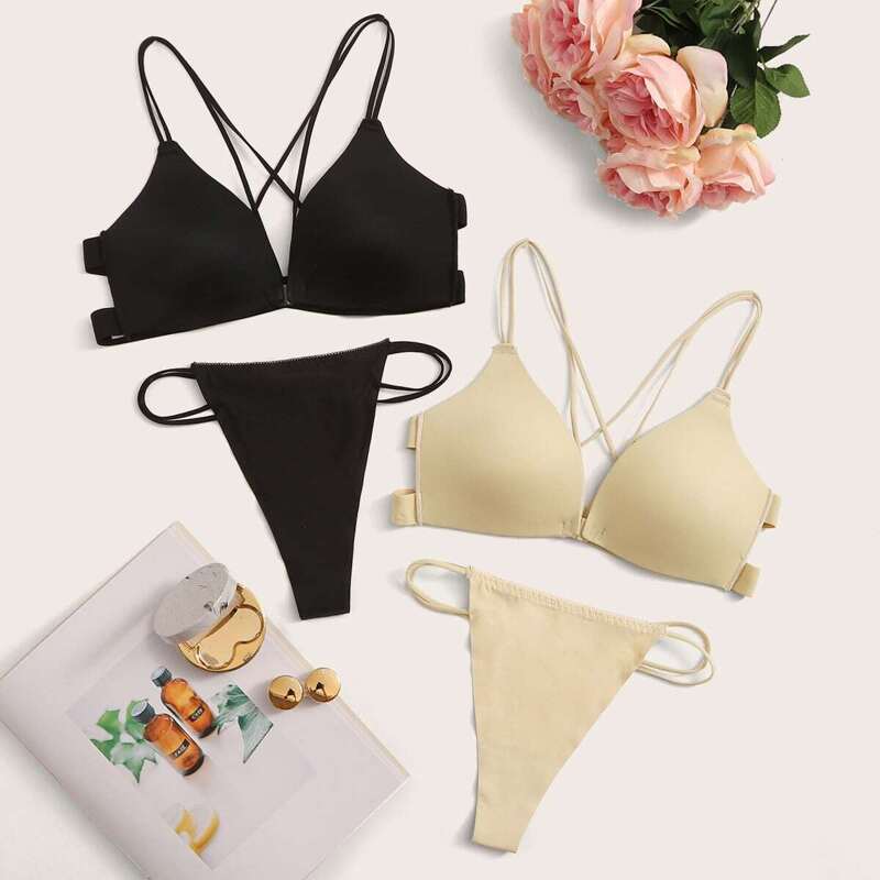 

2pcs Seamless Crisscross Back Lingerie Set, Multicolor