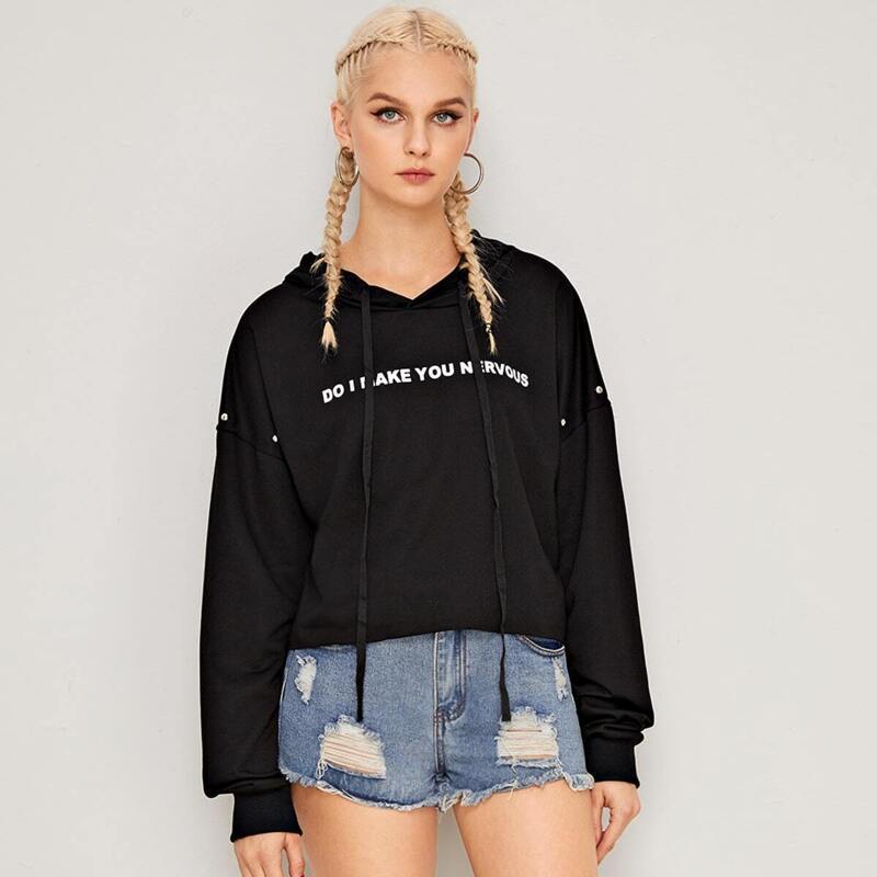 

Slogan Print Drawstring Hoodie, Black