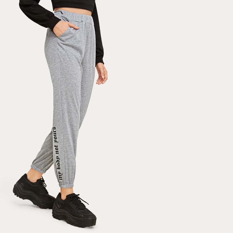 

Elastic Waist Letter Print Slant Pocket Sweatpants, Grey