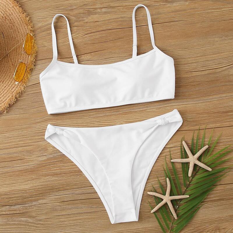 

Detachable Strap Top With Cheeky Bikini Set, White