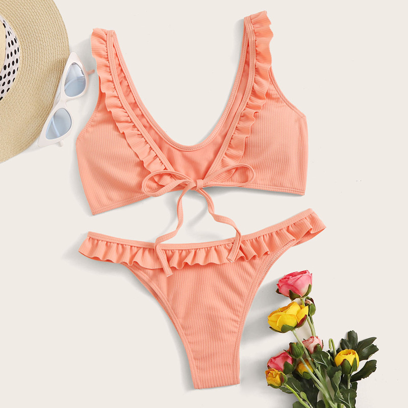 

Frill Trim Tie Front Bikini Set, Orange pastel