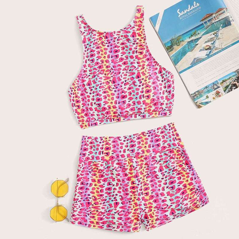 

Leopard Top With Shorts 2piece Swim, Multicolor