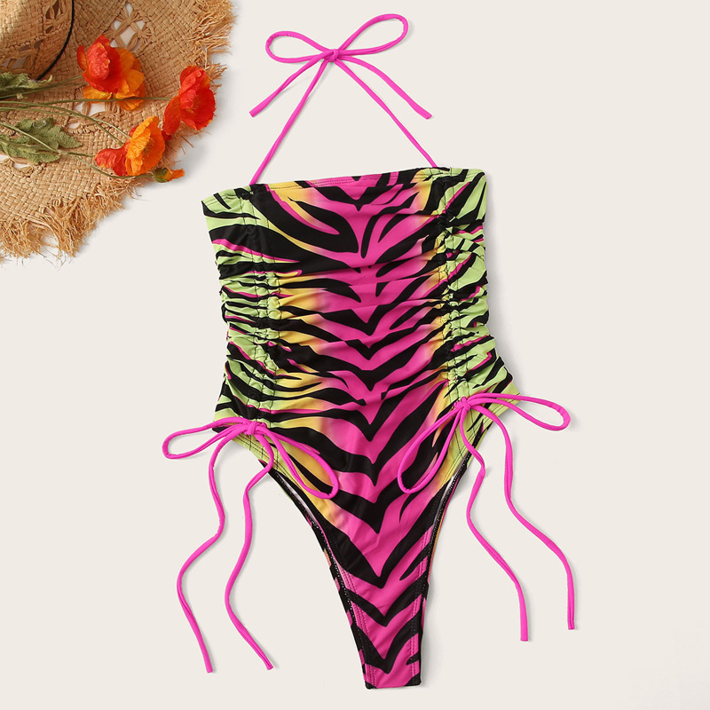 

Tiger Pattern Ruched Drawstring One Piece Swimwear, Multicolor