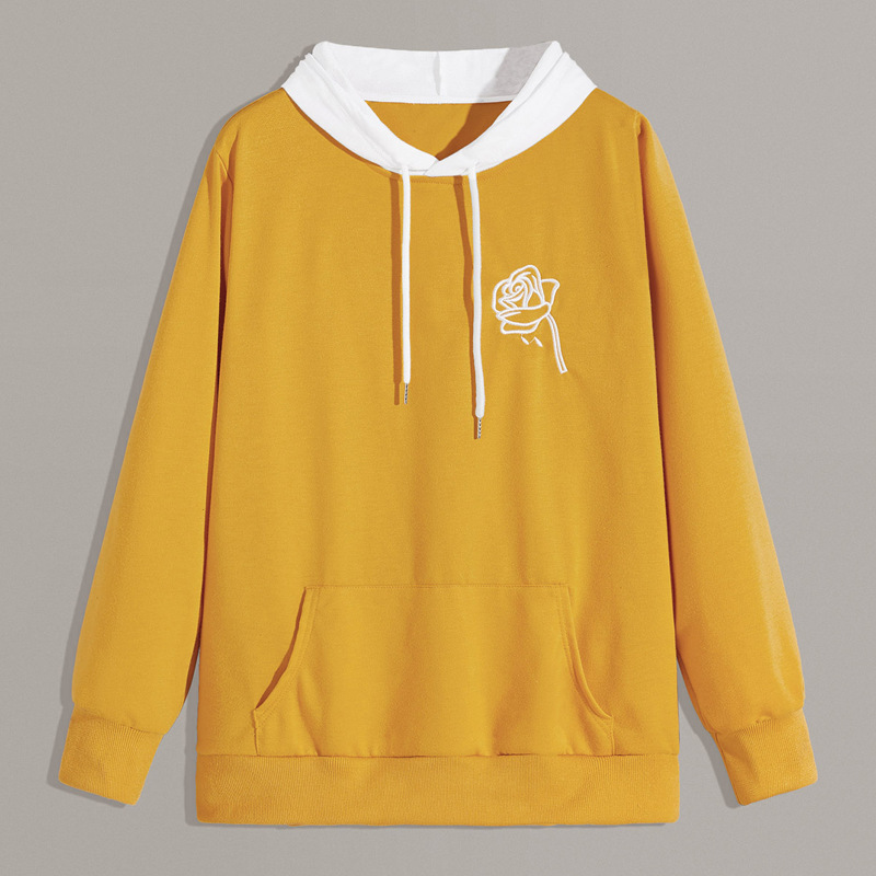 

Guys Floral Embroidery Contrast Hooded Sweatshirt, Mustard yellow