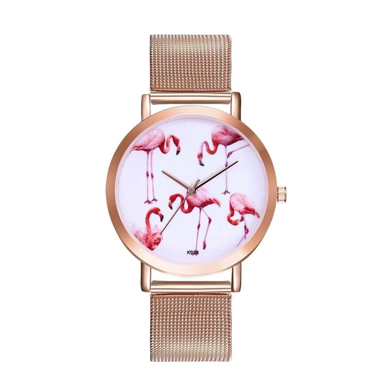 

Flamingo Print Round Dial Mesh Strap Watch