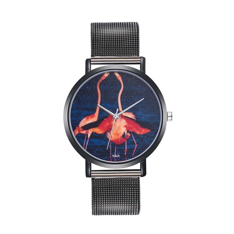 

Flamingo Print Round Dial Mesh Strap Watch