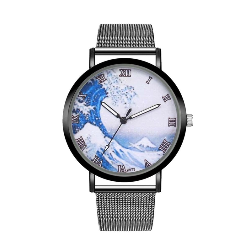 

Mesh Strap Wave Print Round Dial Quartz Watch