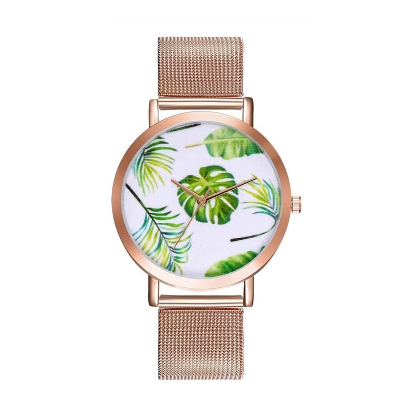 

Leaf Print Round Dial Mesh Strap Quartz Watch