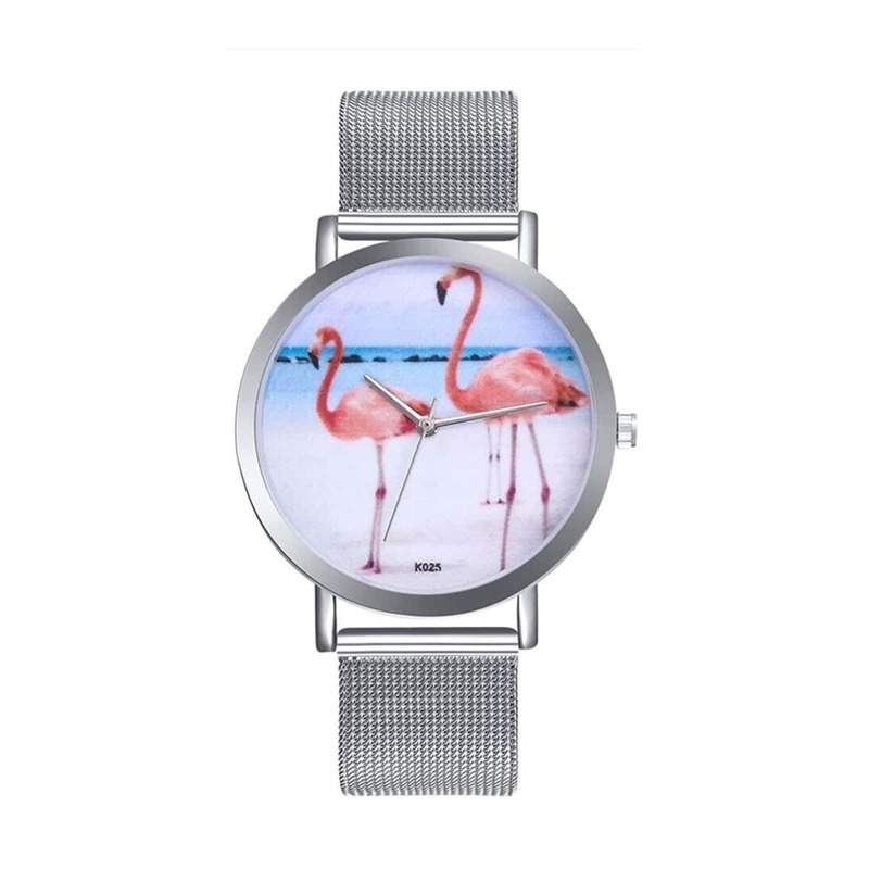 

Flamingo Print Round Dial Mesh Strap Watch