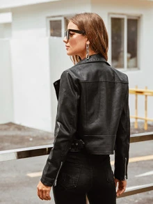 PU Lapel Neck Zipper Biker Jacket - Black - View 2