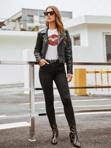 PU Lapel Neck Zipper Biker Jacket - Black - View 3