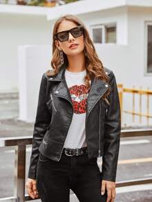 PU Lapel Neck Zipper Biker Jacket - Black - View 4