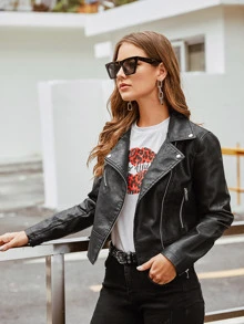 PU Lapel Neck Zipper Biker Jacket - Black - View 5