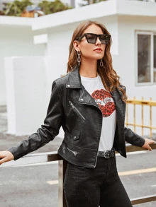 PU Lapel Neck Zipper Biker Jacket - Black - View 1