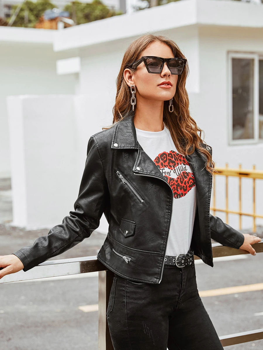 PU Lapel Neck Zipper Biker Jacket - Black - View 1