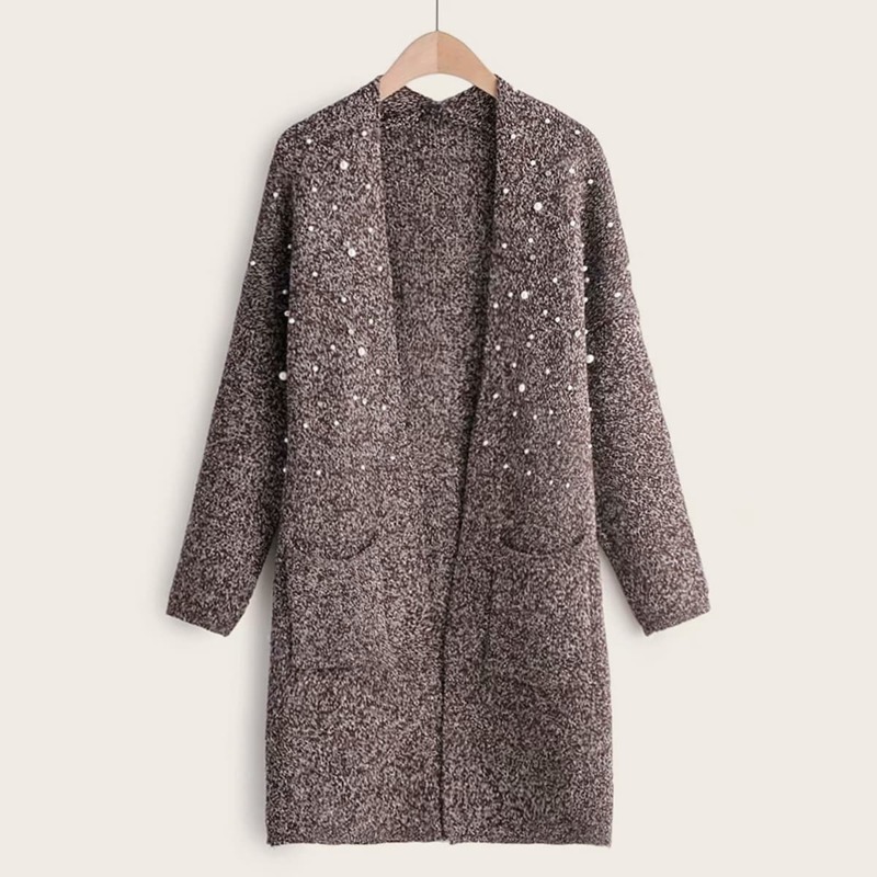 

Space Dye Pearls Beaded Dual Pockets Cardigan, Brown