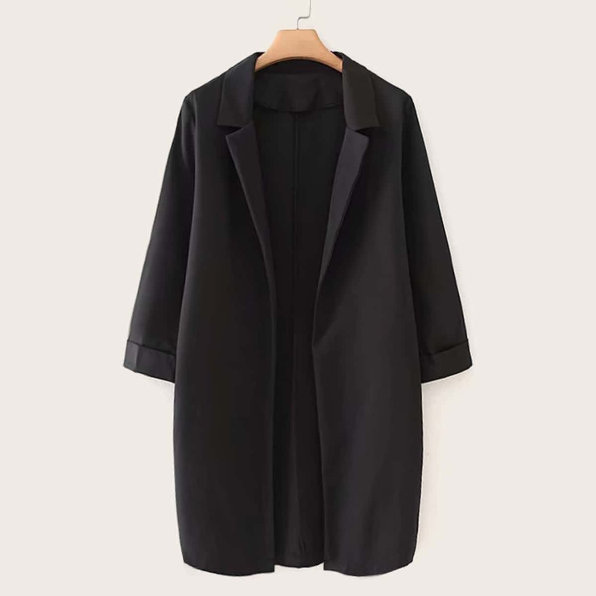 

Lapel Neck Roll Up Sleeve Solid Outerwear, Black