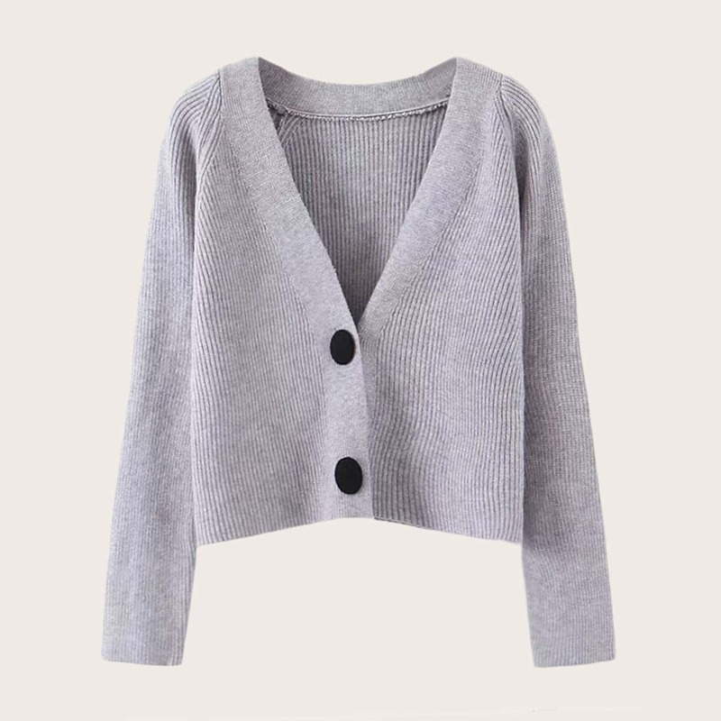 

V Neck Button Front Rib-knit Cardigan, Grey