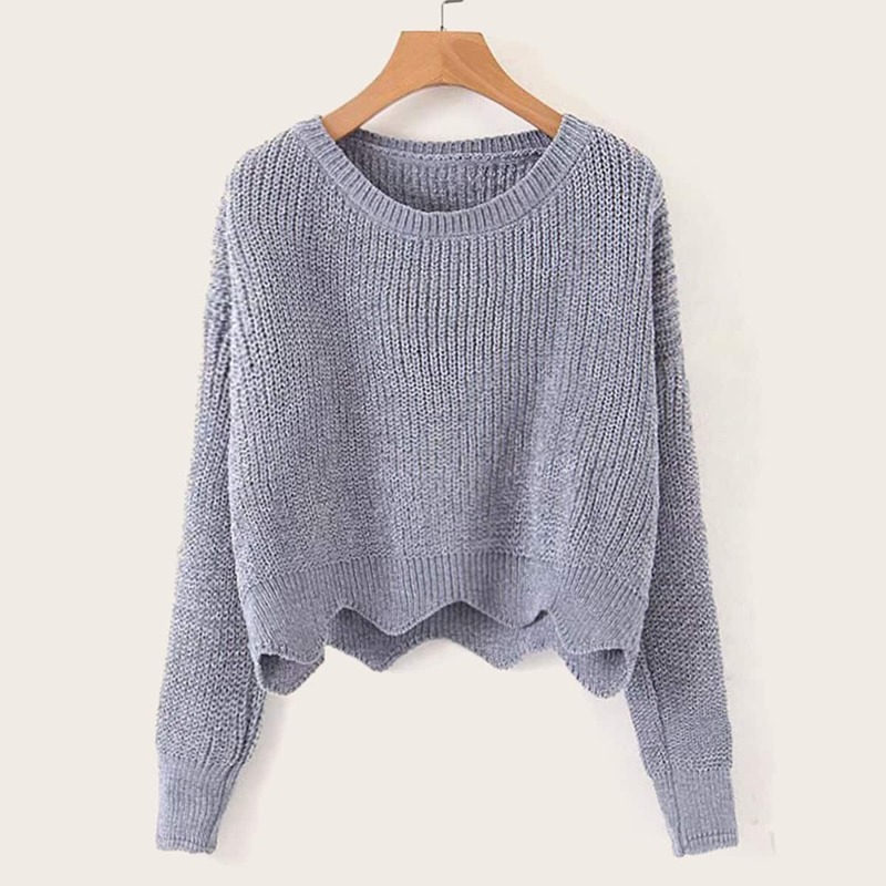 

Drop Shoulder Wave Edge Hem Knit Sweater, Grey