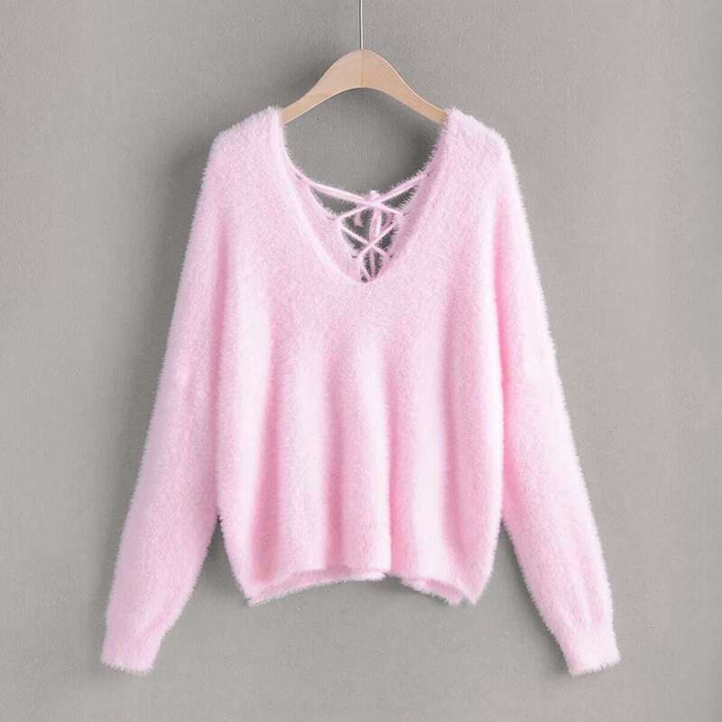 

V Neck Lace Up Back Fluffy Sweater, Pink