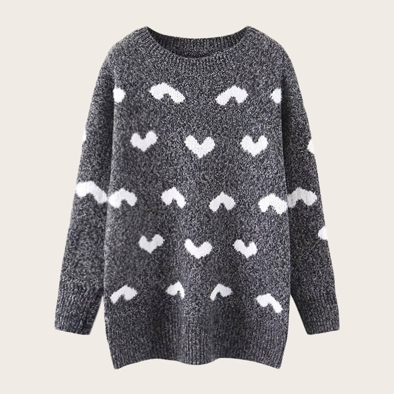

Drop Shoulder Heart Pattern Sweater, Grey