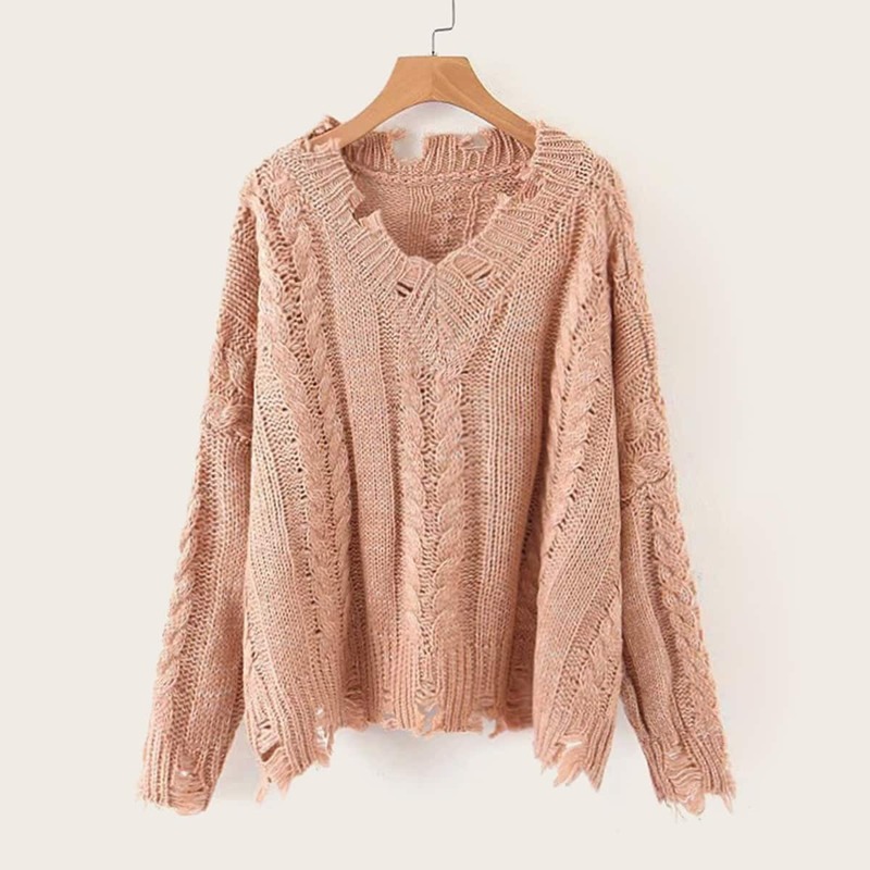 

Solid Ripped Cable Knit Sweater, Pink