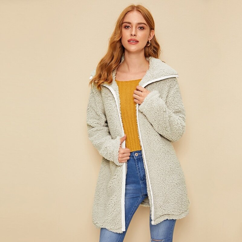 

Contrast Trim Open Front Teddy Coat, Grey