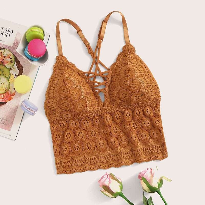 

Floral Lace Crisscross Longline Bralette, Mustard yellow