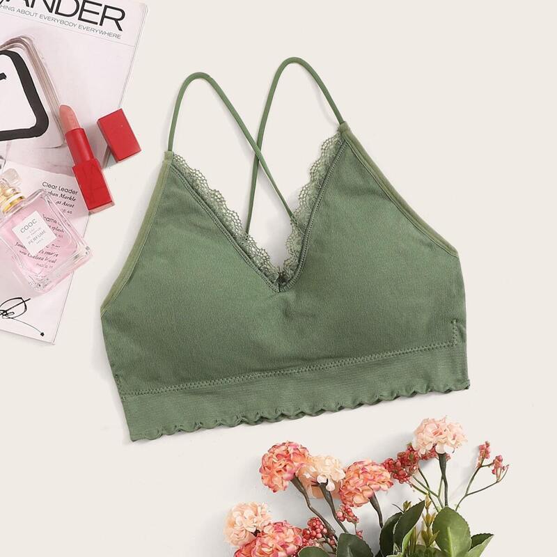 

Crisscross Back Lace Trim Bralette, Army green