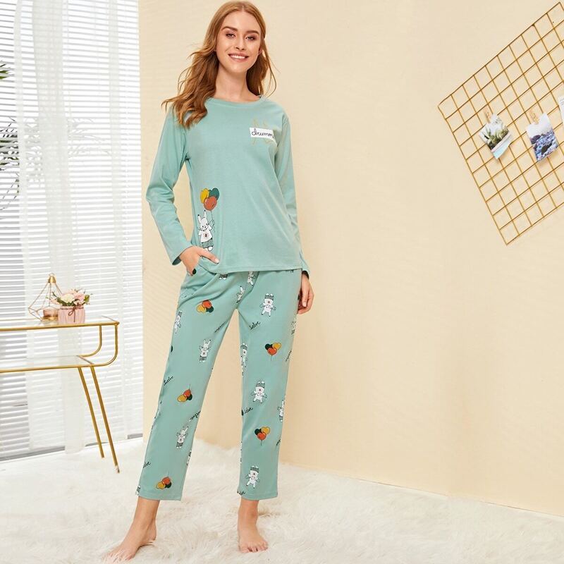 

Cartoon & Letter Print Pajama Set, Green