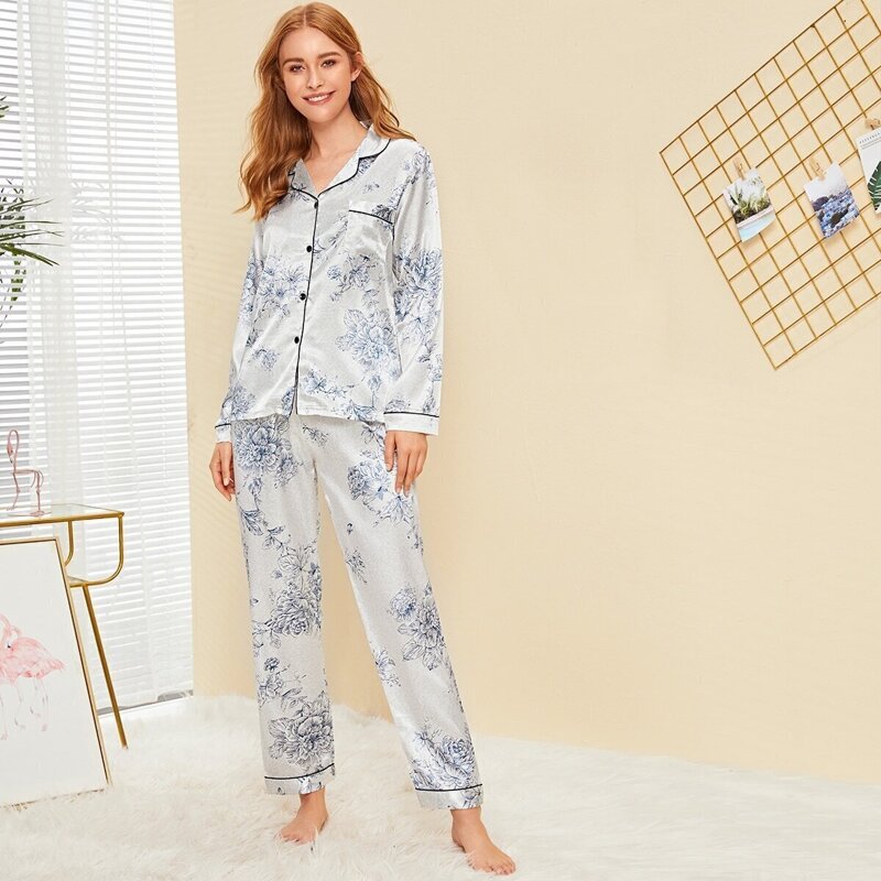 

Floral Print Satin Pajama Set, White
